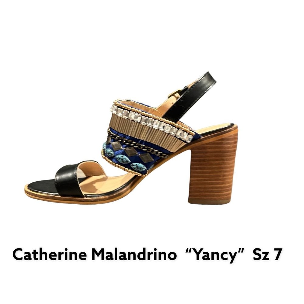 Catherine Malandrino Yance Black Stacked Heel Sandal Rhinestone Faux Tur…
